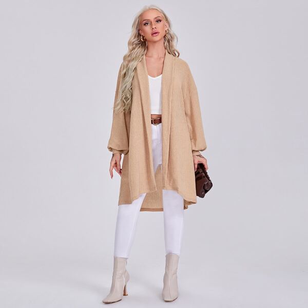 

Drop Shoulder Open Front Rib-knit Coat, Apricot
