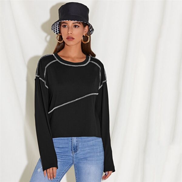 

Drop Shoulder Stitch Trim Pullover, Black