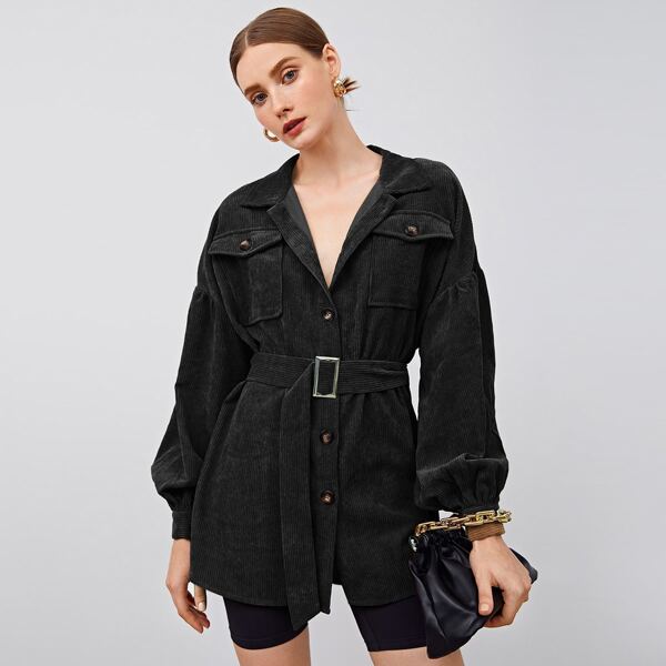 

Collared Flap Pocket Front Buckle Belted Cord Coat, Black