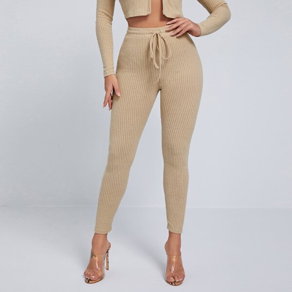 

Drawstring Waist Rib-knit Leggings, Khaki
