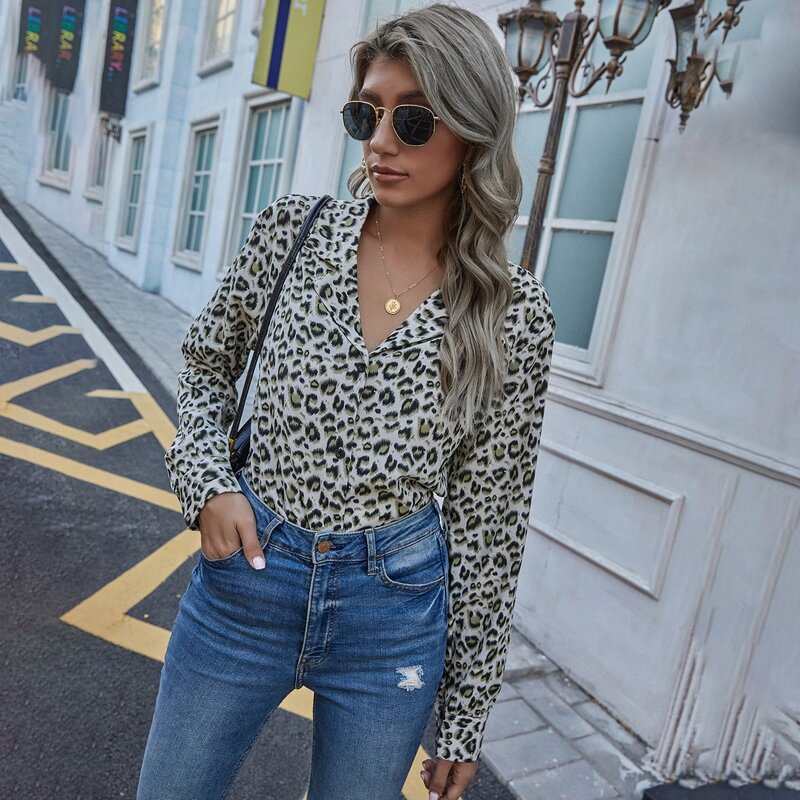 

Leopard Lapel Collar Button Up Blouse, Multicolor