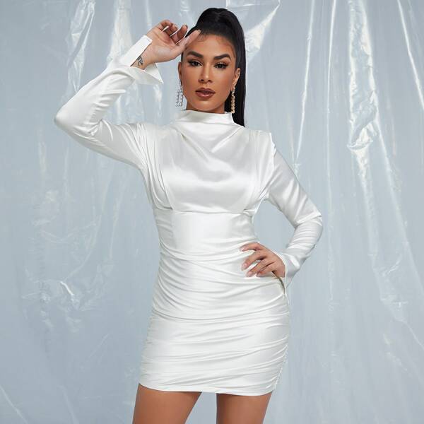 

Slit Sleeve Ruched Detail Satin Dress, White