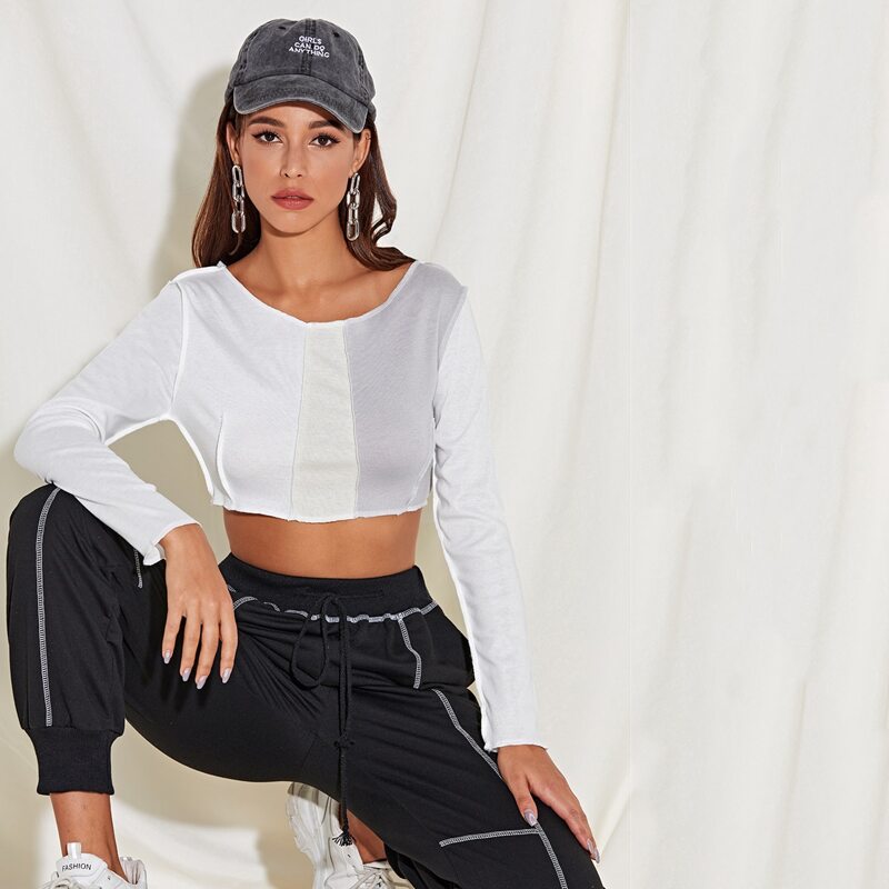 

Colorblock Stitch Trim Crop Tee, White