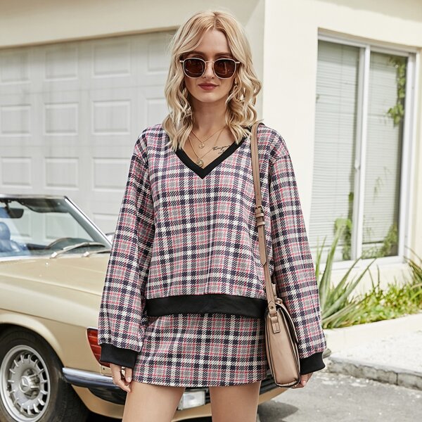

Contrast Trim Houndstooth Print Sweatshirt & Skirt Set, Multicolor