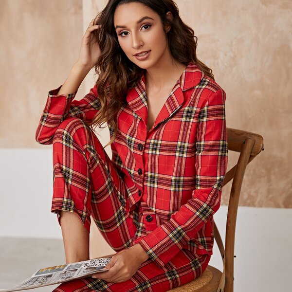 

Tartan Print Button Up PJ Set, Red