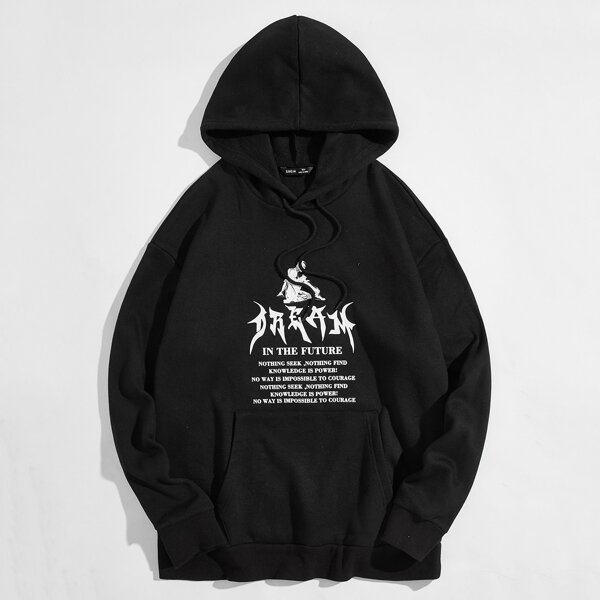 

Men Slogan & Figure Graphic Hoodie, Black
