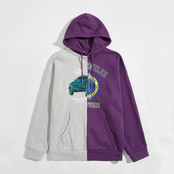 

Men Letter & Car Colorblock Hoodie, Multicolor