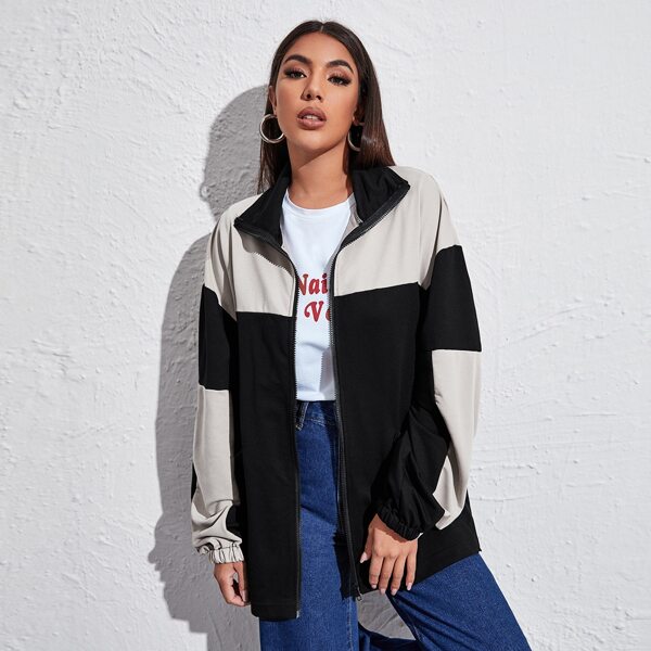

Drop Shoulder Zip Up Colorblock Coat, Black