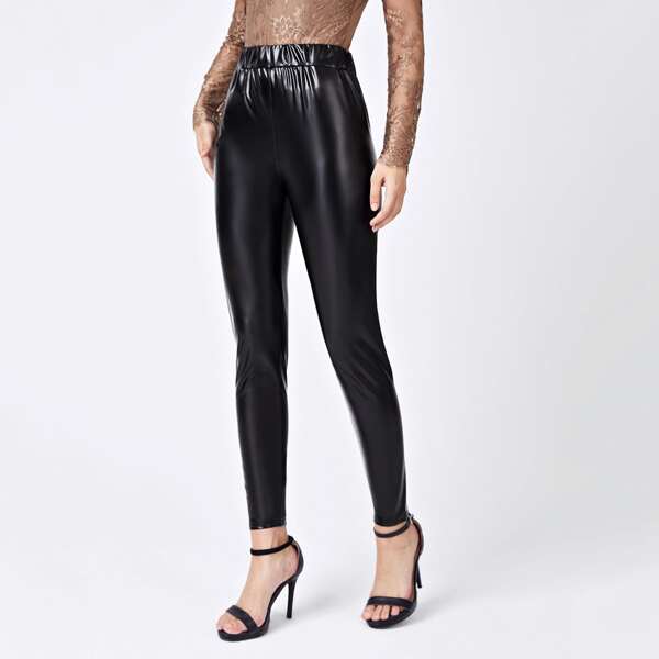 

PU Leather Solid High Waist Leggings, Black