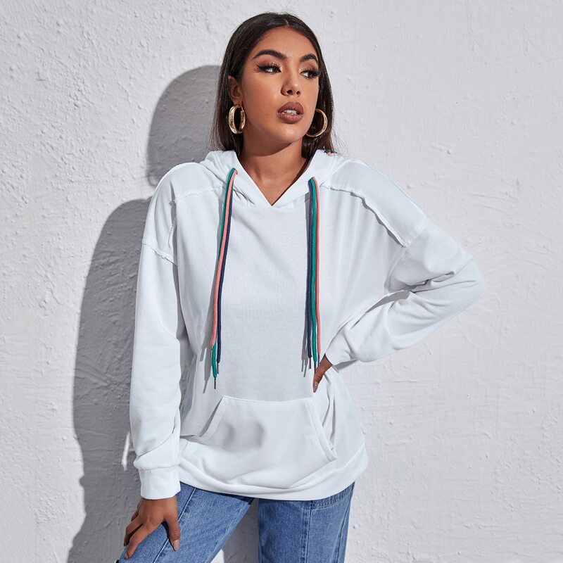 

Drop Shoulder Kangaroo Pocket Drawstring Hoodie, White