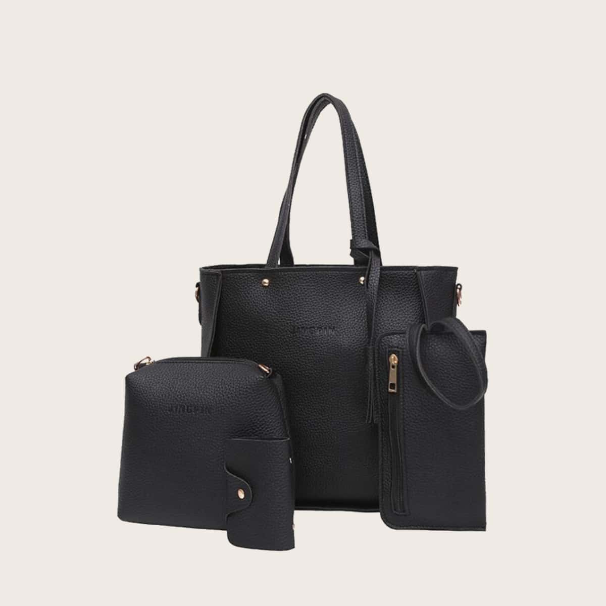 

4pcs Tassel Detail Solid Bag Set, Black