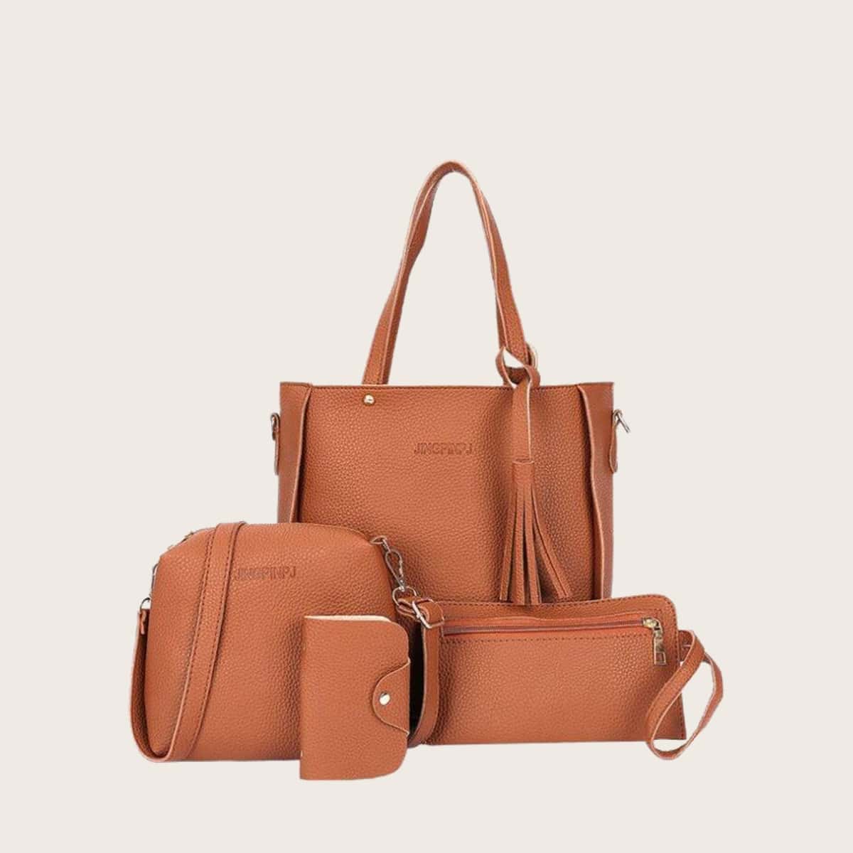 

4pcs Tassel Detail Solid Bag Set, Brown