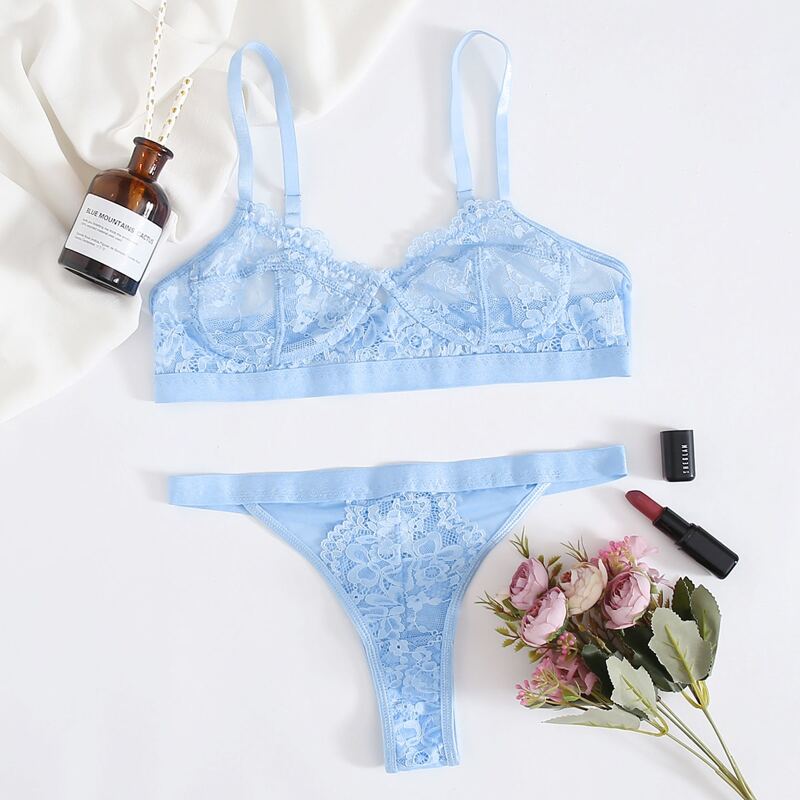 

Floral Lace Thong Lingerie Set, Pastel baby blue