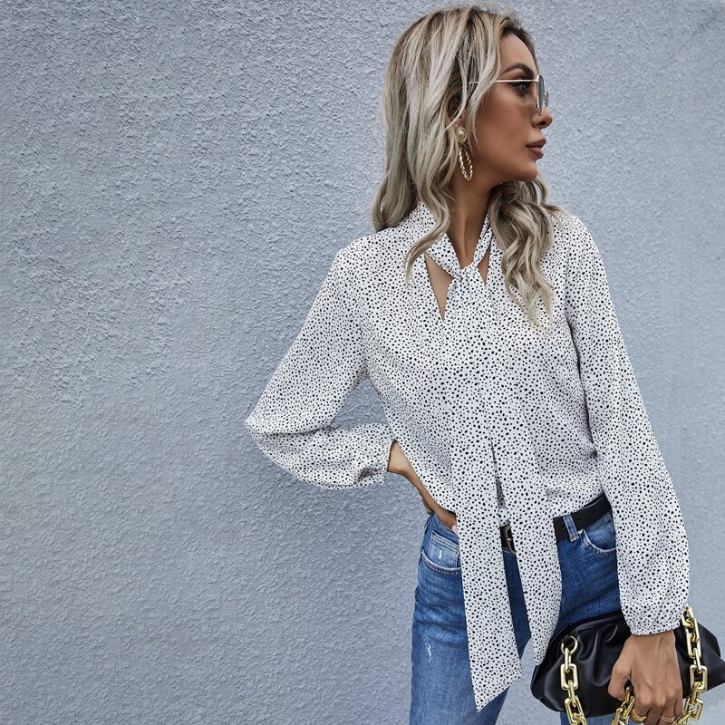 

Dalmatian Tie Neck Bishop Sleeve Blouse, White