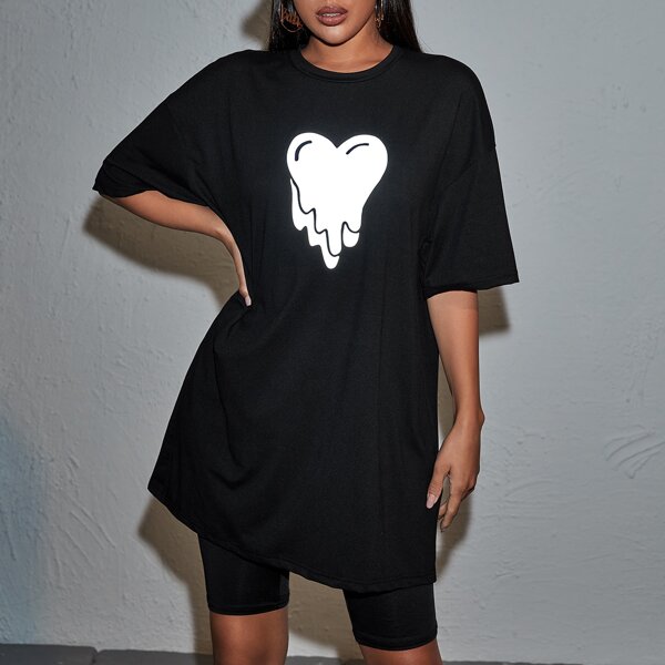 

Reflective Heart Print Longline Oversized Tee, Black