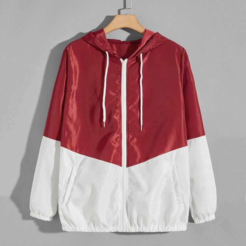 

Guys Two Tone Drawstring Zip-up Hooded Windbreaker Jacket, Red and white