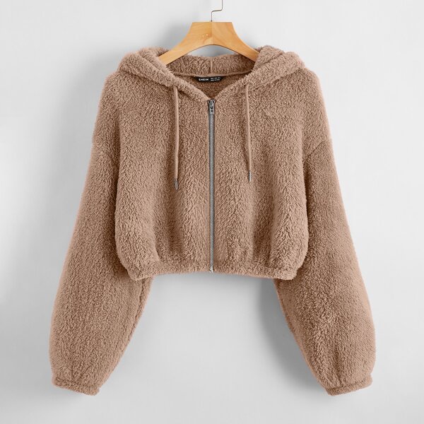 

Zip Up Drawstring Hooded Teddy Jacket, Mocha brown