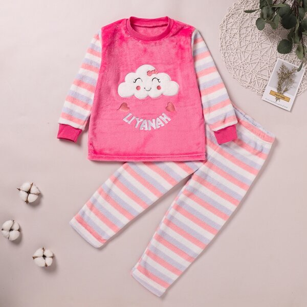 

Girls Cartoon And Letter Embroidery Striped Flannel PJ Set, Pink