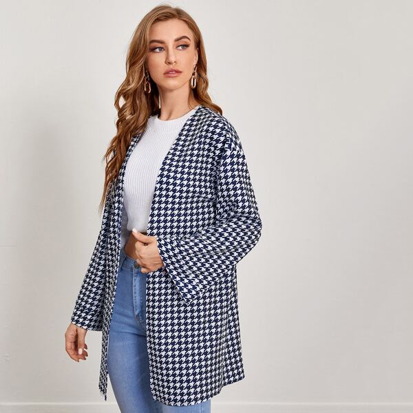

Open Front Houndstooth Coat, Blue and white
