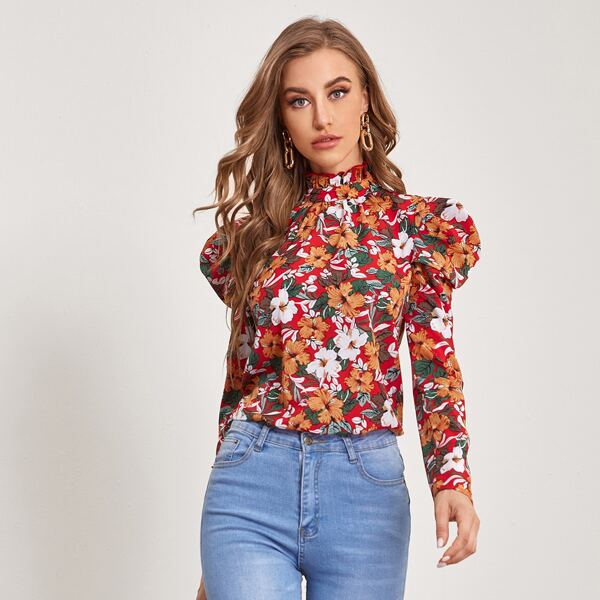 

Frill Mock Neck Gigot Sleeve Floral Top, Multicolor
