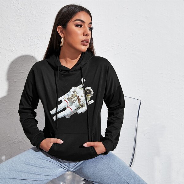 

Kangaroo Pocket Astronaut Graphic Hoodie, Black