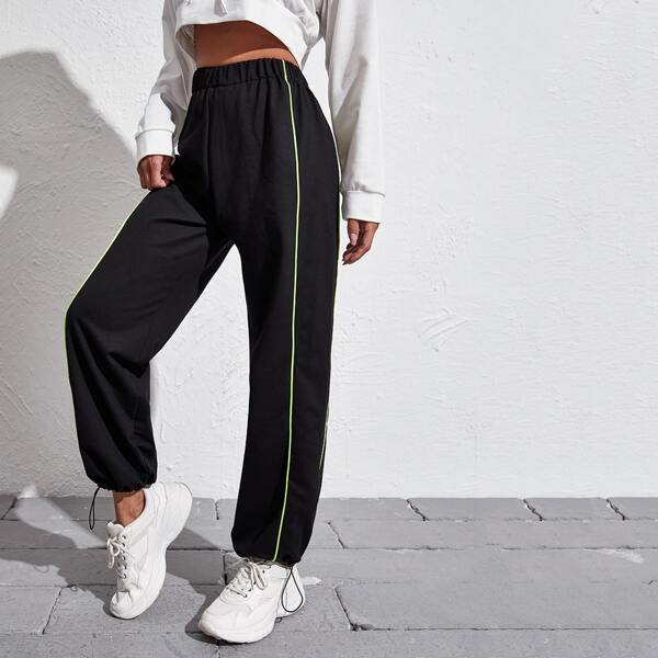 

Elastic Waist Drawstring Knot Contrast Binding Sweatpants, Black