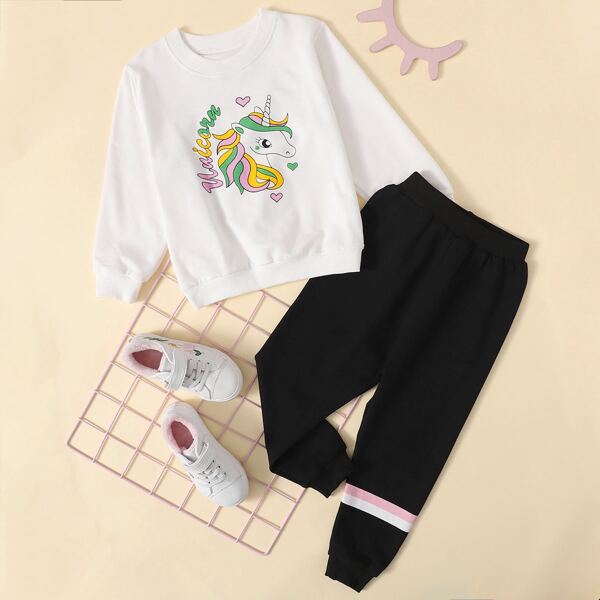 

Toddler Girls Letter & Unicorn Print Sweatshirt & Sweatpants, Black and white