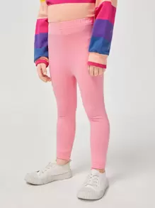 SHEIN 少女棉質彈性腰實色緊身褲 - 粉色 - 查看 4