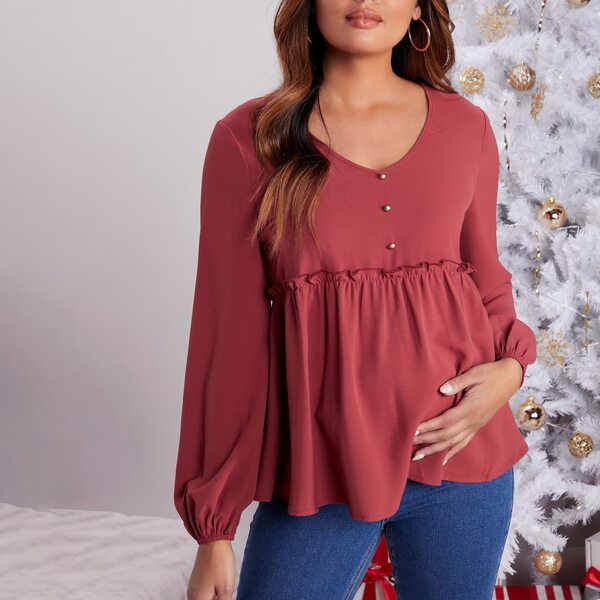 

Maternity Button Front Frill Trim Lantern Sleeve Smock Top, Redwood