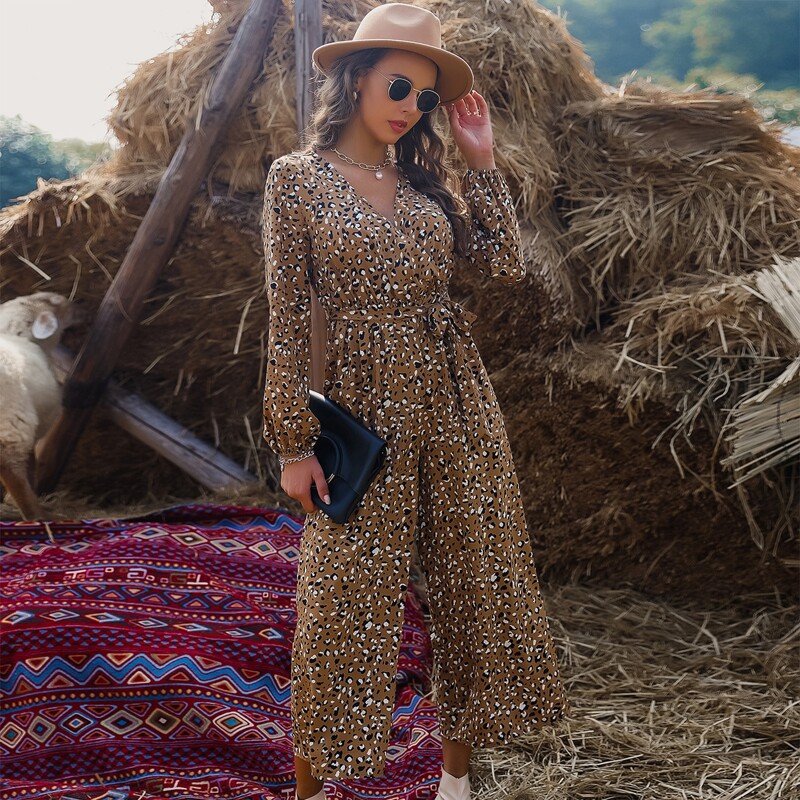 

Allover Print Belted Wrap Wide Leg Jumpsuit, Multicolor