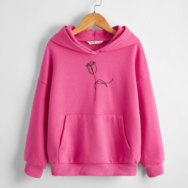 

Girls Floral Print Drop Shoulder Hoodie, Bright hot pink