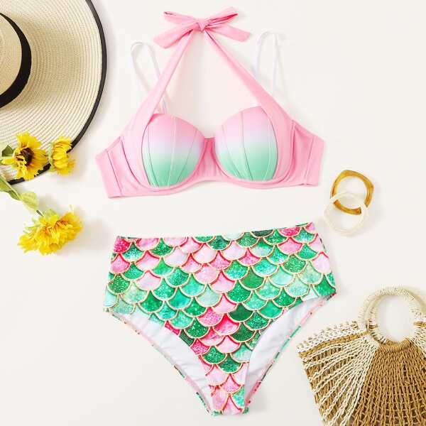 

Plus Fish Scales Underwire Halter Bikini Swimsuit, Multicolor