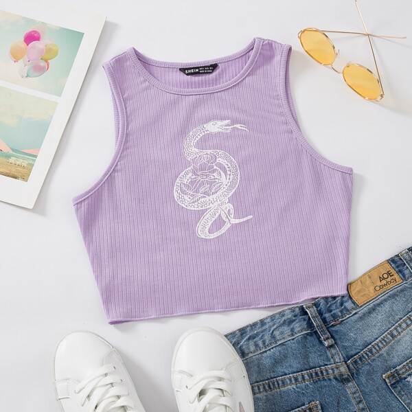

Snake And Floral Print Tank Top, Lilac purple
