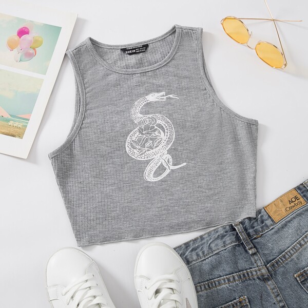 

Snake And Floral Print Tank Top, Light grey