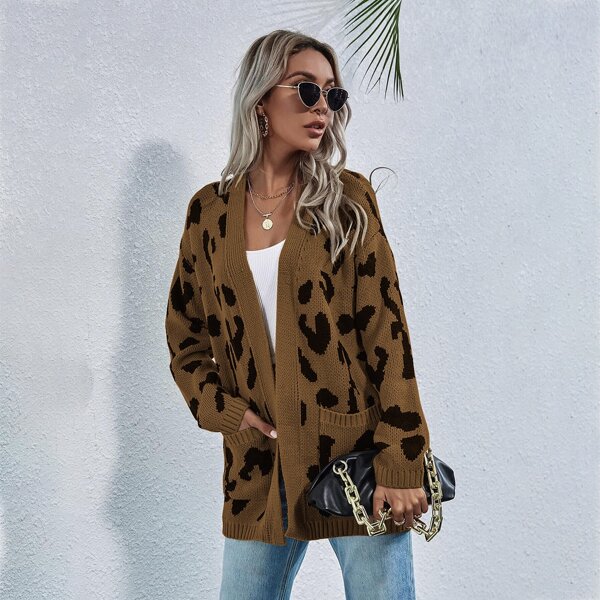 

Allover Print Dual Pocket Cardigan, Coffee brown