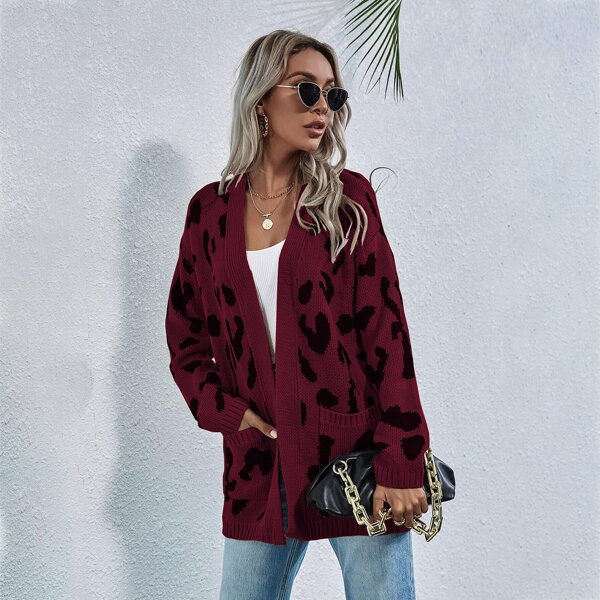 

Allover Pattern Drop Shoulder Cardigan, Burgundy