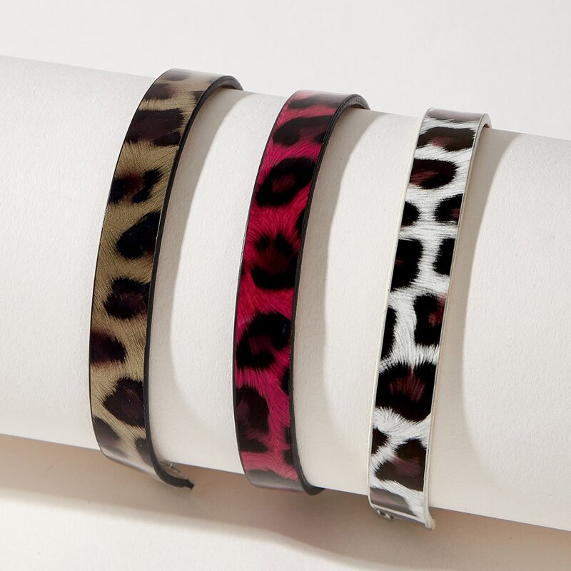 

3pcs Leopard Band Faux Leather Bracelet, Multicolor