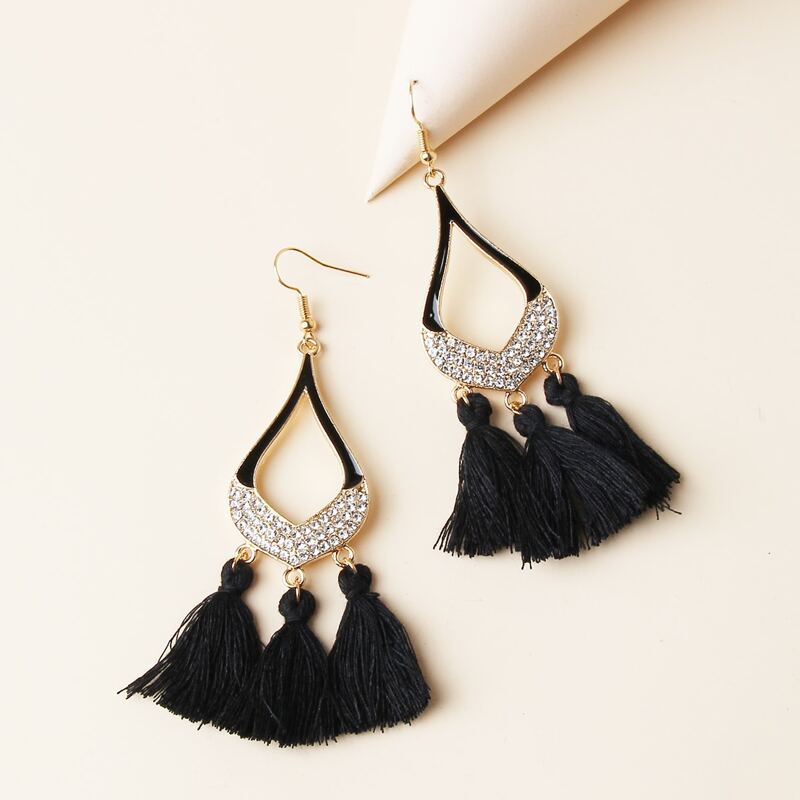 

Tassel & Rhinestone Waterdrop Earrings, Black