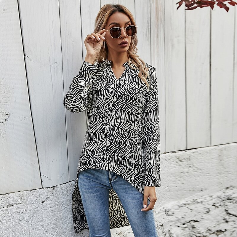 

Notch Neck Zebra Striped Print Dip Hem Blouse, Black and white