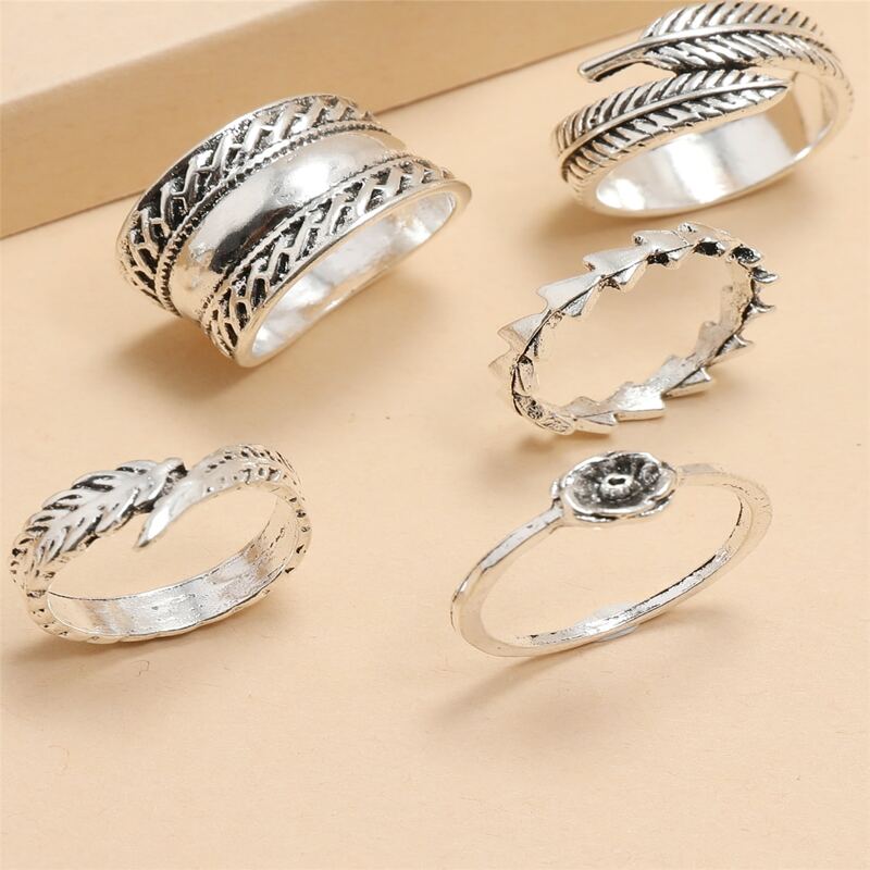 

9pcs Floral & Leaf Ring, Silver