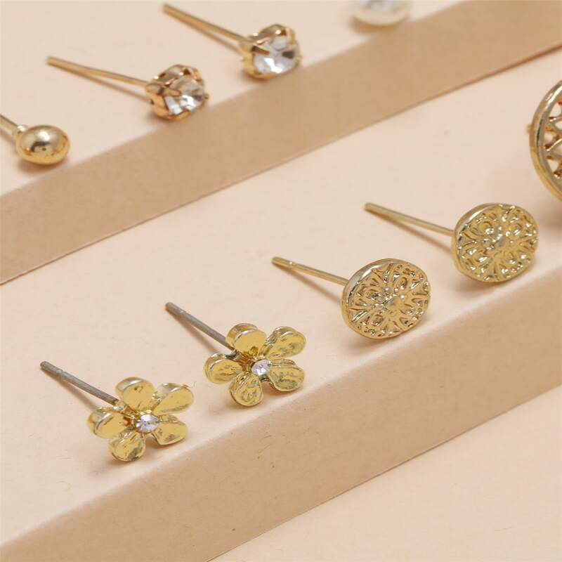 

6pairs Faux Pearl & Rhinestone Floral Stud Earrings, Gold