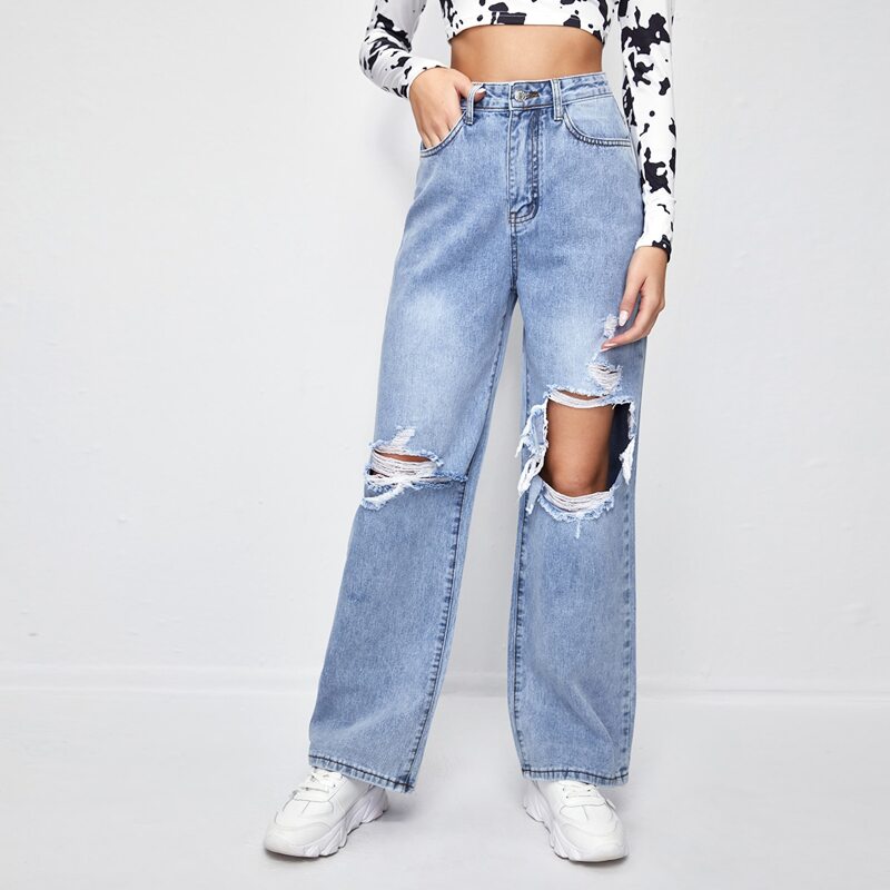 

Ripped Washed Straight Leg Jeans, Light wash
