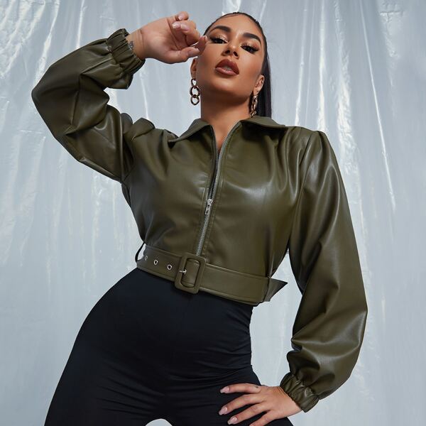 

Lantern Sleeve Self Buckle Belted PU Leather Jacket, Army green