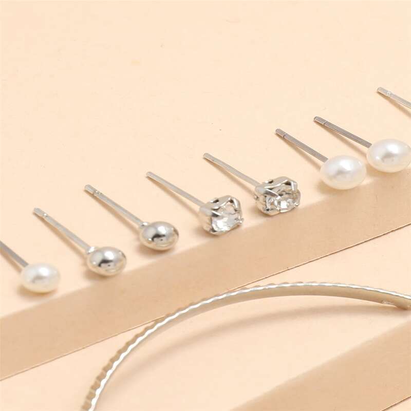 

9pairs Faux Pearl & Rhinestone Earring Set, Silver