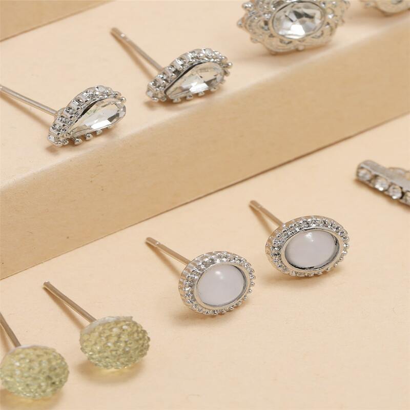

9pairs Rhinestone Stud Earrings, Silver