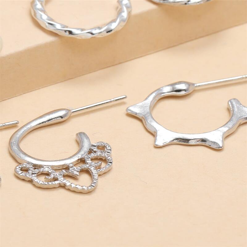 

6pairs Faux Pearl & Rhinestone Earring Set, Silver