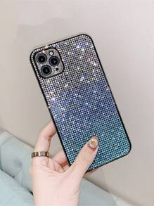 1 pieza caja de teléfono con gradiente de diamantes de imitación de tres colores compatible con Iphone 13 - Azul - Ver 1