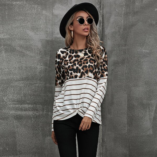 

Striped Contrast Cheetah Tee, Multicolor
