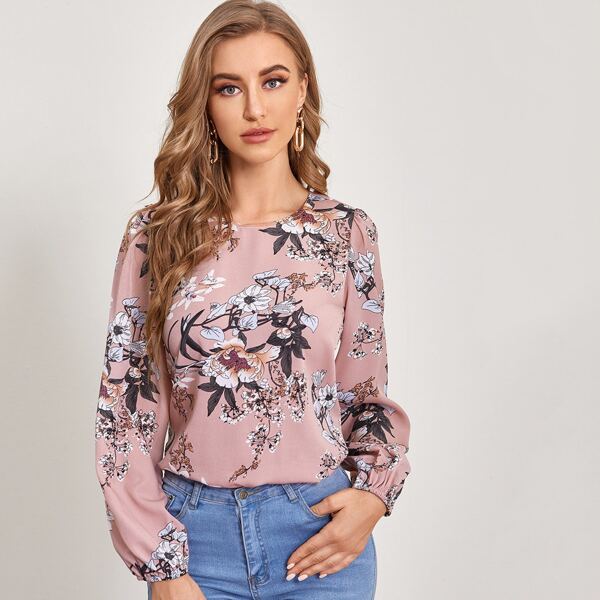 

Floral Print Lantern Sleeve Top, Multicolor