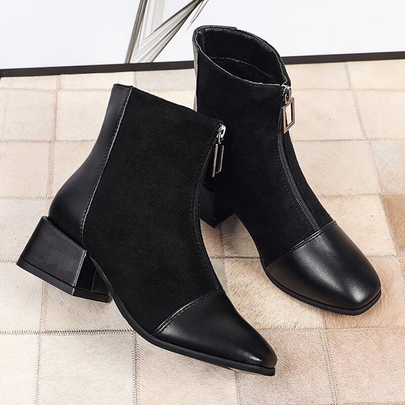 

Front Zip Block Heeled Boots, Black
